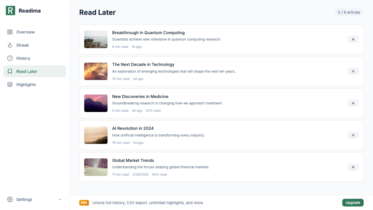 Never Lose a Good Article: Master Your Reading Queue with Readima's Read Later Feature